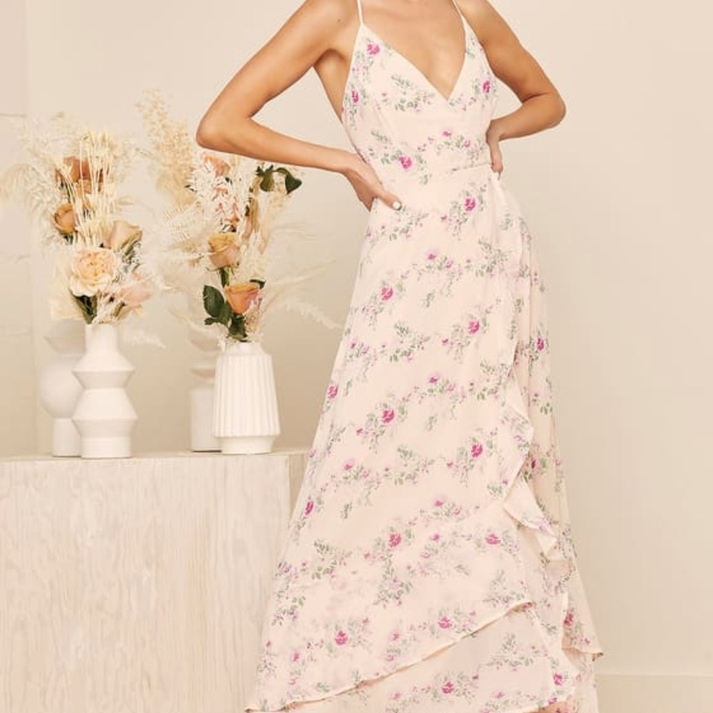 Lulus In Love Forever Blush Floral Lace Up High Low Maxi Dress